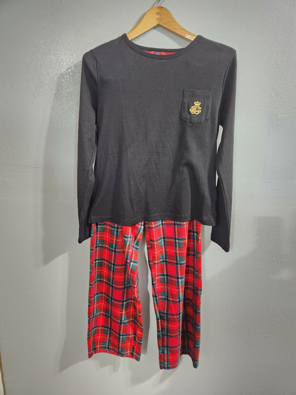 Lauren Ralph Lauren Black Long Sleeve Top with Red Tartan Pajama Pants
